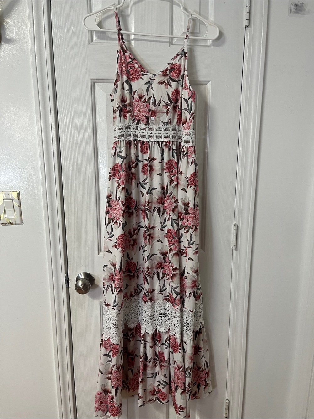 Floral White Maxi Dress with Pink Print and Crochet Waist